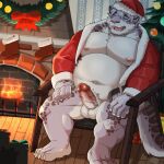 2023 anthro balls barazoku barefoot belly big_belly big_muscles big_pecs bottomless bottomless_anthro bottomless_male bow_ribbon chair christmas christmas_clothing christmas_headwear christmas_stocking christmas_tree christmas_wreath claws clothed clothing detailed_background erection eyebrows eyes_closed feet felid fire fireplace fur furniture genitals gift hair hat headgear headwear hi_res holidays humanoid_genitalia humanoid_penis inside kemono legwear leopard male mammal musclegut muscular muscular_anthro muscular_male nails navel nipples on_chair open_clothing open_mouth open_robe overweight overweight_anthro overweight_male pantherine pecs penis plant plantigrade pubes robe santa_hat shadow sitting sleeping snow_leopard solo stockings teeth thick_thighs tongue tree tuft v2wolf vein wreath