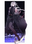  1boy a_date_with_death bare_shoulders belt black_gloves casper_(a_date_with_death) coat full_body gloves highres jacket long_hair male_focus moonplls night night_sky outdoors pants red_eyes scythe sky sleeveless solo white_hair 