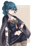  1girl absurdres artist_name bespectacled black_shirt black_shorts blue_eyes blue_hair blush breasts byleth_(female)_(fire_emblem) byleth_(fire_emblem) chascoby clothing_cutout commentary cowboy_shot fire_emblem fire_emblem:_three_houses glasses hair_between_eyes highres long_hair medium_breasts navel navel_cutout pantyhose patreon_username ponytail purple-framed_eyewear shirt short_shorts shorts solo standing white_background 