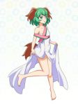  alternate_costume animal_ears bare_legs barefoot cato_(monocatienus) commentary dress full_body green_eyes green_hair kasodani_kyouko short_hair single_bare_shoulder skirt_hold solo tail touhou white_dress 