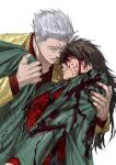  2boys absurdres black_hair blood blood_on_clothes blood_on_face blood_splatter carrying chamuring commentary_request feet_out_of_frame gin_to_kin green_jacket grey_background grey_eyes grey_hair hair_between_eyes hair_down hair_slicked_back highres hirai_ginji jacket korean_commentary long_bangs long_hair lower_teeth_only male_focus morita_tetsuo multiple_boys old old_man open_mouth princess_carry red_shirt shirt short_hair simple_background teeth yellow_jacket 
