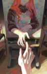  1boy 1girl apron black_shirt canvas_(object) chair colored_skin easel head_out_of_frame highres jar long_hair orange_hair paintbrush painting_(object) pinlin pov pov_hands reaching reaching_towards_viewer shirt smile white_apron 