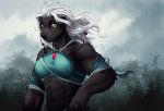  2018 anthro badger black_fur black_nose breasts clothed clothing day detailed_background female fur green_eyes hair mammal midriff mustelid navel outside solo standing tasanko white_hair 