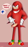 2023 absurd_res anthro azusagp balls clothing digital_media_(artwork) english_text erection footwear foreskin fur genitals gloves hair handwear hi_res knuckles_the_echidna male mammal mostly_nude nude open_mouth penile penis sega simple_background smile solo sonic_the_hedgehog sonic_the_hedgehog_(series) tail text