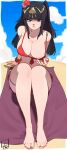  1girl absurdres alternate_costume arm_support barefoot beach beach_towel bikini bikini_pull blue_sky blunt_bangs breasts censored_feet closed_mouth clothes_pull cloud cloudy_sky day english_commentary eyelashes feet fire_emblem fire_emblem_awakening fire_emblem_heroes flower front-tie_bikini_top front-tie_top full_body green_eyes hair_flower hair_ornament headpiece highres knees_up l4wless large_areolae large_breasts legs lips long_hair nail_polish nipple_slip nipples outdoors pink_flower pulled_by_self red_bikini red_flower red_nails shadow side-tie_bikini_bottom signature sitting sky solo swimsuit tharja_(fire_emblem) tharja_(summer)_(fire_emblem) toenail_polish toenails toes towel two_side_up 