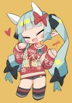  1girl :3 blue_hair blue_shorts blunt_bangs blush_stickers bow closed_eyes commentary_request cropped_legs demon_girl demon_horns fang hair_bow highres horns long_hair long_sleeves nanatsuta open_mouth original pointy_ears red_bow red_sweater short_shorts shorts signature simple_background sleeves_past_wrists solo sweater thighhighs twintails very_long_hair yellow_background 