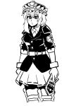  1girl asymmetrical_hair belt closed_mouth commentary frilled_hat frills greyscale hat highres hikibee holding looking_at_viewer medium_hair monochrome ribbon-trimmed_sleeves ribbon_trim rod_of_remorse shiki_eiki short_sleeves simple_background skirt solo touhou vest 