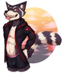  anthro bulge clothed clothing looking_at_viewer male mammal open_jacket procyonid raccoon smile solo spazzyhusky tongue tongue_out 