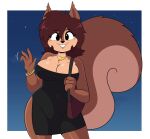 absurd_res anthro big_breasts big_tail bracelet breasts brown_body brown_fur brown_hair buckteeth cleavage clothed clothing dress female fluffy fluffy_tail front_view fur gesture hair hi_res jewelry kabula_(artist) little_black_dress looking_at_viewer mammal night outside purse rodent sciurid sky smile solo standing star tail teeth tree_squirrel waving