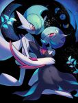  animal_focus black_background colored_skin commentary_request crescent_moon evolutionary_line full_moon gallade gardevoir green_hair highres kneeling moon moon_phases night night_sky no_humans plant pokemon pokemon_(creature) red_eyes riru_maru08 sky star_(sky) white_skin 