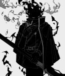  1boy cowboy_shot der_freischuetz_(lobotomy_corporation) fire flaming_head gloves greyscale gun hand_up highres holding holding_weapon lobotomy_corporation maskv monochrome project_moon rifle simple_background smoke smoking_pipe solo weapon 