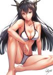  artist_name beach bikini black_hair blush breasts cleavage closed_mouth cloud collarbone gusset hair_between_eyes headgear kantai_collection knee_up large_breasts long_hair nagato_(kantai_collection) ocean outdoors red_eyes sakiyamama simple_background sitting smile solo spread_legs swimsuit white_background white_bikini 