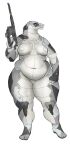 2022 anthro areola belly breasts cettus female front_view gun hi_res holding_gun holding_object holding_weapon living_machine machine navel nude overweight overweight_anthro overweight_female pose ranged_weapon robot simple_background solo standing weapon white_background