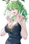  1girl :d antlers bare_shoulders breasts ceres_fauna ceres_fauna_(1st_costume) cleavage closed_eyes covered_navel double_v dress green_hair green_nails hololive hololive_english immoralmouse large_breasts long_hair nail_polish open_mouth simple_background smile solo upper_body v virtual_youtuber white_background 