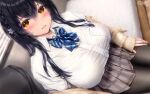  1girl black_hair blush braid breasts commentary_request hair_between_eyes hair_ornament hairpin huge_breasts long_hair looking_at_viewer on_bed original pantyhose ribbon school_uniform shirt sitting skirt sleeves_past_wrists smile solo_focus unohana_pochiko yellow_eyes 
