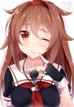  :&lt; ;&lt; black_gloves black_serafuku blush breasts brown_eyes brown_hair collarbone eyebrows_visible_through_hair finger_to_cheek fingerless_gloves gloves hair_between_eyes hair_flaps hairband highres kantai_collection long_hair medium_breasts nahaki neckerchief one_eye_closed orange_hairband red_neckwear remodel_(kantai_collection) school_uniform serafuku shiratsuyu_(kantai_collection) short_sleeves simple_background solo whistle white_background 