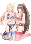  2girls blonde_hair blue_bra blue_eyes blue_garter_belt blue_panties blue_thighhighs bra breasts brown_eyes brown_hair cherry_blossoms flower foot_out_of_frame garter_straps hair_between_eyes hair_flower hair_intakes hair_ornament heart heart_hands heart_hands_duo iowa_(kancolle) kantai_collection kneeling lace-trimmed_legwear lace_trim large_breasts long_hair multiple_girls one_eye_closed open_mouth panties pink_thighhighs red_bra red_garter_belt red_panties red_thighhighs see-through see-through_legwear sidelocks simple_background star-shaped_pupils star_(symbol) symbol-shaped_pupils takase_asagiri thighhighs underwear underwear_only very_long_hair white_background yamato_(kancolle) 