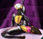 ambiguous_gender anthro dark_room exposed_back female hair hi_res latex lizard long_legs lostwisdom reptile scalie skink stretching tail white_hair yellow_body