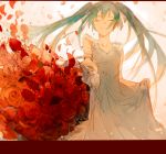  ashorz blue_hair bouquet closed_eyes commentary crying dress eyebrows_visible_through_hair floating_hair flower gradient gradient_background grey_dress happy hatsune_miku highres letterboxed long_hair outstretched_arm petals pink_background puffy_short_sleeves puffy_sleeves red_flower red_rose rose short_sleeves simple_background smile solo symbol_commentary tears teeth twintails vocaloid white_background 