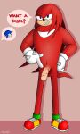 2023 absurd_res anthro azusagp balls clothing digital_media_(artwork) english_text footwear foreskin fur genitals gloves hair handwear hi_res knuckles_the_echidna male mammal mostly_nude nude open_mouth penis sega simple_background smile solo sonic_the_hedgehog sonic_the_hedgehog_(series) tail text
