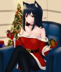  1girl animal_ears arknights bare_shoulders belt black_belt black_hair black_pantyhose box breasts candy chocolate chocolate_bar choker christmas_tree cleavage commentary_request dress food gift gift_box highres holding holding_candy holding_food indoors knee_up long_hair long_sleeves looking_at_viewer off-shoulder_dress off_shoulder pantyhose red_choker red_dress red_eyes ryuudg sitting solo texas_(arknights) wolf_ears 