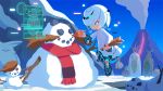  1girl big_the_cat blue_eyes blue_sky carrot character_snowman dress floating hermit_koco holographic_interface koco_(sonic) mountain official_art sage_(sonic) scarf sky smile smoke snow snowing snowman sonic_(series) sonic_frontiers sonicofficialjp uno_yuuji volcano white_dress white_hair 