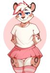 anthro biped blue_eyes bottomwear clothed clothing eyebrows felid female fur fur_markings legwear looking_at_viewer mammal markings misspopa pantherine panties pink_bottomwear pink_clothing pink_panties pink_skirt pink_underwear shirt skirt smile smiling_at_viewer snow_leopard solo thick_thighs thigh_highs topwear underwear white_clothing white_shirt white_topwear