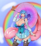  1girl adapted_costume bare_shoulders blue_background blue_eyes blue_hair blue_skirt blue_vest blurry blurry_background breasts commentary cowboy_shot greenm heterochromia highres holding holding_umbrella huge_breasts medium_hair pink_umbrella rainbow red_eyes skirt solo tatara_kogasa thighs tongue tongue_out touhou umbrella vest 
