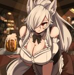  1girl 3boys animal_ear_fluff animal_ears apron arm_garter bar_(place) beer_mug black_bow black_bowtie bottle bow bowtie breasts brown_dress camouflage camouflage_jacket camouflage_pants cleavage collar cup detached_collar discordia_(vtuber) dress fox_ears fox_girl fox_tail froth grey_hair hair_over_one_eye hat highres jacket large_breasts long_hair mug multiple_boys notus_49 pants red_eyes second-party_source tail vfleet waitress white_apron white_collar 