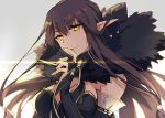  bangs bare_shoulders black_dress black_hair breasts bridal_gauntlets brown_hair cleavage commentary_request detached_sleeves dress eyebrows_visible_through_hair fate/apocrypha fate_(series) finger_to_mouth frills fur_trim large_breasts long_dress long_hair looking_at_viewer pointy_ears semiramis_(fate) slit_pupils smile solo spikes tia_(cocorosso) yellow_eyes 