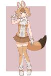  1girl animal_ear_fluff animal_ears arm_up bare_shoulders blush boots brown_eyes brown_hair brown_thighhighs dhole_(kemono_friends) dog_ears dog_girl dog_tail full_body fur_collar fur_trim gloves highres kemono_friends knees_together_feet_apart looking_at_viewer multicolored_hair ookii_yama shirt short_hair skirt sleeveless smile solo standing tail thighhighs two-tone_hair white_hair zettai_ryouiki 