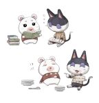  1boy 1girl :3 :d :o ^_^ animal_crossing black_eyes blush book book_stack cat_boy closed_eyes collared_shirt commentary_request eating floral_print flurry_(animal_crossing) food food_on_face fork full_stomach furry furry_female furry_male hamster_girl holding holding_book kaji_(oni_atat) long_sleeves open_book open_mouth plaid plaid_shirt plate plate_stack punchy_(animal_crossing) reading red_sweater shirt short_sleeves simple_background sitting sleep_bubble sleeping sleeping_upright smile sweater u_u white_background yellow_shirt 