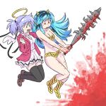  2girls angel angel_wings animal_print bikini black_thighhighs blood blood_on_weapon blood_splatter blue_hair bokusatsu_tenshi_dokuro-chan club_(weapon) crossover excalibolg floating floating_hair green_eyes halo holding holding_weapon horns jacket light_blue_hair loafers lum mitsukai_dokuro multicolored_hair multiple_girls navel open_mouth print_bikini print_footwear purple_hair red_jacket shoes small_horns spiked_club strapless strapless_bikini striped_horns swimsuit thighhighs tiger_panties tiger_print truffleduster two_side_up urusei_yatsura weapon white_background wings yellow_bikini yellow_eyes yellow_horns zettai_ryouiki 