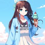 1girl airi_(blue_archive) black_hair blue_archive blue_jacket closed_mouth cloud cloudy_sky commentary english_commentary food green_eyes green_halo halo highres holding holding_food ice_cream jacket long_hair long_sleeves open_clothes open_jacket pixel_art pleated_skirt shirt skirt sky smile solo tinia_etru white_shirt white_skirt 
