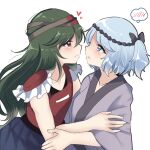  2others androgynous black_headband blue_eyes blue_hair blue_skirt blush closed_mouth commentary_request fujiwara_no_iyozane green_hair hachimaki headband heart highres hug japanese_clothes kimono len&#039;en light_blue_hair long_hair medium_hair multiple_others nejiri_hachimaki other_focus ougi_hina parted_lips pleated_skirt purple_kimono red_eyes side_ponytail simple_background skirt smile sweat thought_bubble white_background wide_sleeves 