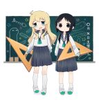  2girls absurdres black_hair blonde_hair chalkboard chito_(shoujo_shuumatsu_ryokou) collarbone commentary_request full_body green_neckerchief grey_sailor_collar grey_skirt highres holding holding_ruler multiple_girls neckerchief pleated_skirt ruler sailor_collar school_uniform serafuku shirt shoujo_shuumatsu_jugyou shoujo_shuumatsu_ryokou simple_background skirt socks standing star_(symbol) white_background white_shirt yuuri_(shoujo_shuumatsu_ryokou) zarameru_(tsukumo) 