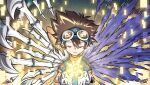  1boy absurdres akamine_naoki artist_name blue_shirt brown_hair closed_eyes digimon digimon_adventure digimon_crest gloves goggles goggles_on_head gradient_background hands_up highres male_focus metalgreymon mismatched_wings parted_lips shirt short_sleeves skeletal_wings skullgreymon solo teeth torn_wings upper_body white_gloves wings yagami_taichi 