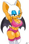 2024 after_exercise anthro bat bodily_fluids bottomwear breasts cleavage clothed clothing female fur hotcoco hotpants legwear mammal midriff rouge_the_bat sega shorts solo sonic_the_hedgehog_(series) sweat tan_body tan_skin thick_thighs thigh_highs white_body white_fur wings