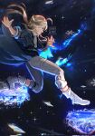  1boy :d ahoge artist_logo artist_name blonde_hair blue_coat blurry chromatic_aberration coat commentary corrupted_twitter_file fantasy full_body galaxy grey_footwear grey_pants highres honkai:_star_rail honkai_(series) instagram_logo jumping light_particles long_hair looking_down making-of_available male_focus open_clothes open_coat open_mouth outstretched_arms pants profile ryrmcher shoes short_sleeves signature smile snowflakes solo space sparkle spread_arms star_(sky) teeth twitter_logo upper_teeth_only watermark yanqing_(honkai:_star_rail) yellow_eyes 