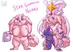 3_toes 4_fingers blue_eyes book clothed clothed/nude clothing feet female fennephilim_fox fingers fur hi_res horn league_of_legends long_ears norra_(lol) nude pink_body pink_fur riot_games slightly_chubby solo star_glasses star_guardian toes yordle