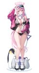 1girl absurdres alter_(kxk7357) bikini bird black_bikini blue_archive blush breasts cleavage cropped_jacket eimi_(blue_archive) eimi_(swimsuit)_(blue_archive) halo highres jacket large_breasts long_hair looking_at_viewer official_alternate_costume penguin pink_eyes pink_hair pink_halo pink_jacket scarf sidelocks smile snow_goggles swimsuit virtual_youtuber white_scarf 