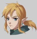 blue_eyes clothing ear_piercing ear_ring elf foxvulpine hair humanoid humanoid_pointy_ears hylian link looking_at_viewer male nintendo not_furry piercing ponytail ring_piercing simple_background solo the_legend_of_zelda