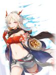  1girl arknights bandeau belt black_belt braid breasts cleavage commentary_request cropped_legs dragon_girl dragon_horns dragon_tail eating food food_request grey_eyes grey_hair grey_shorts groin hellnyaa highres holding holding_food horns jacket long_hair long_sleeves medium_breasts navel nian_(arknights) open_clothes open_jacket parted_lips pointy_ears ponytail short_shorts shorts solo tail white_background white_jacket wide_sleeves 
