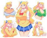  arms_behind_back blonde_hair blue_eyes blue_scrunchie blush breasts cleavage commentary crossed_arms earrings english_commentary food full-face_blush galko hair_ornament hair_scrunchie highres huge_breasts jewelry long_hair looking_at_viewer midriff multiple_views necklace open_mouth oshiete!_galko-chan plaid plaid_skirt popcorn school_uniform scrunchie side_ponytail signature simple_background skirt smile sweater sweater_vest tan tanline theycallhimcake thighs very_long_hair white_background 