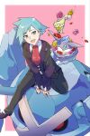  1boy anidf collared_shirt highres jacket jewelry long_sleeves metagross necktie open_mouth pants pokemon pokemon_(creature) pokemon_oras pokemon_rse ring shirt short_hair sitting smile steven_stone white_shirt 