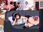  ... 1girl 2boys anger_vein annoyed breasts cleavage couch father_and_son fighting highres kazama_jin kazama_jun living_room mishima_kazuya mother_and_son multiple_boys muscular muscular_male on_couch tekken television tina_fate topless_male watching_television 
