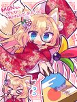  1girl :d animal_ear_fluff animal_ears blonde_hair blue_eyes blush body_writing braid chibi commission floral_print floral_print_kimono fox_girl fox_tail furisode hagoita hair_between_eyes hair_bun hair_ornament hairclip hands_up hanetsuki highres indie_virtual_youtuber japanese_clothes kimono koromo_naruru long_hair long_sleeves multiple_views open_mouth paddle red_kimono richard_(richaball) sash signature simple_background skeb_commission smile tail tail_raised virtual_youtuber wide_sleeves 