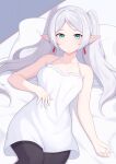  1girl absurdres bare_shoulders black_pantyhose breasts commentary dangle_earrings dress earrings frieren green_eyes highres jewelry long_hair looking_at_viewer on_bed pantyhose parted_bangs pillow pointy_ears small_breasts smile solo sousou_no_frieren tsubame_tien twintails white_dress white_hair 