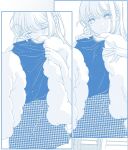  1girl blue_theme blush closed_eyes commentary_request highres holding_clothes_hanger iwami_kiyoko kyou_wa_kanojo_ga_inai_kara long_hair monochrome multiple_views sidelocks taki_fuuko unworn_clothes 