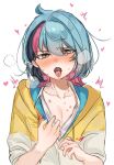  1boy black_hair blue_hair blush commentary green_eyes heart hickey highres hood hooded_jacket jacket kinyoko-p kyo_kaneko male_focus medium_hair multicolored_hair nijisanji nijisanji_en open_mouth pink_hair saliva solo streaked_hair symbol-only_commentary tongue tongue_out 